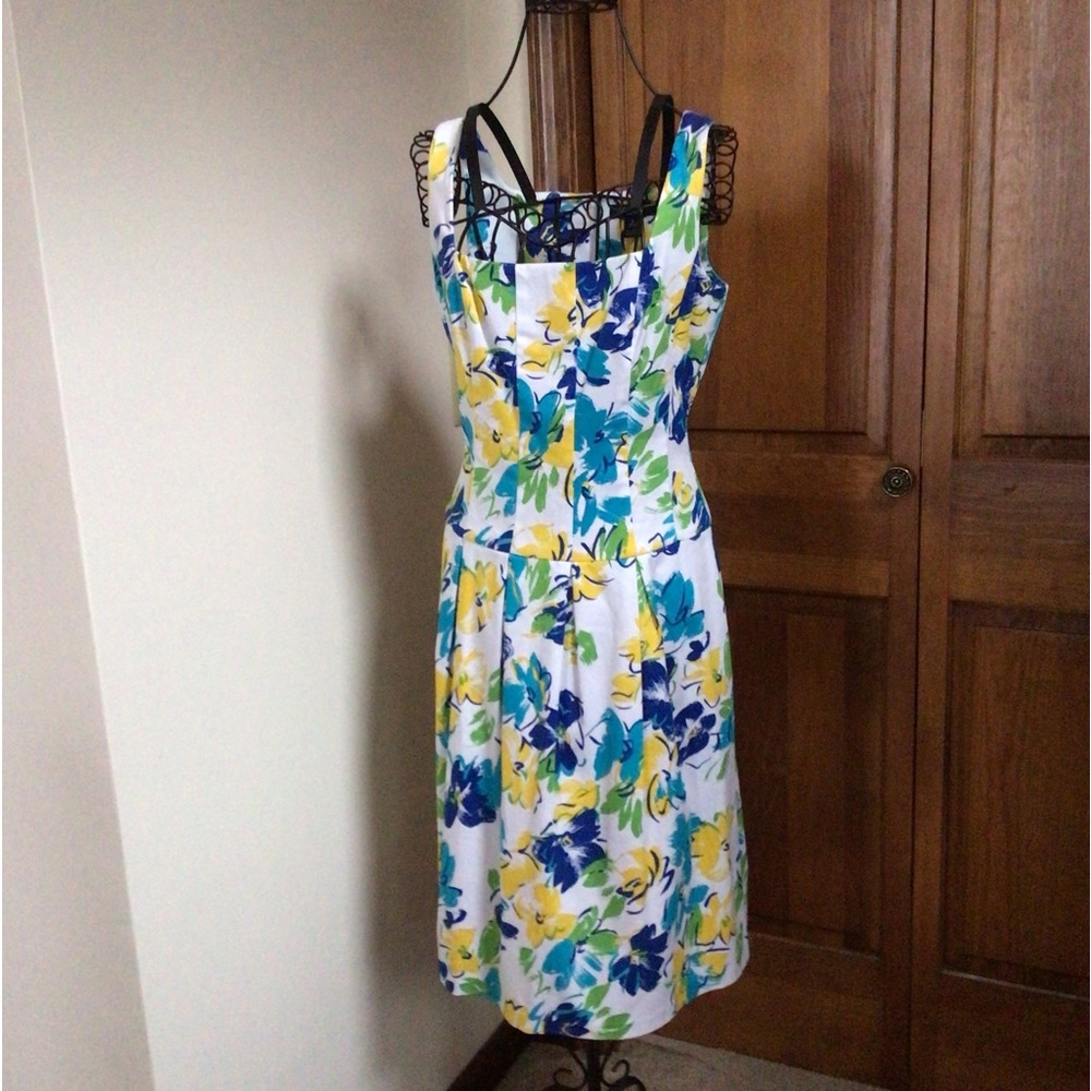 Chaps by Ralph Lauren Womens Designer Floral Watercolor Dress Blue Yellow White, - Picture 6 of 9